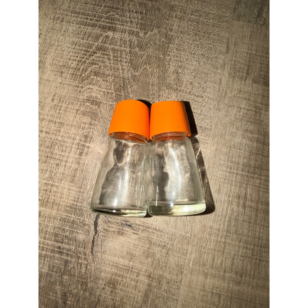 Vintage Clear Glass Salt and Pepper Shakers Orange Lids USA Made Retro Kitchen